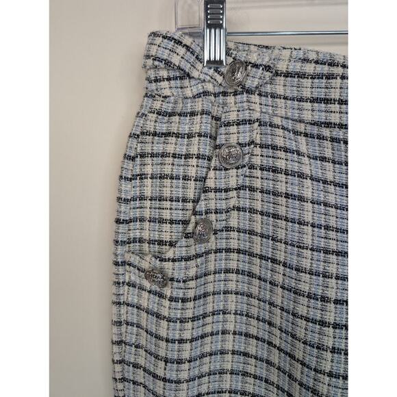 Bcbgeneration Large Pants Tweed Woven Blue Cream Crop High Rise Silver Buttons - Picture 8 of 9